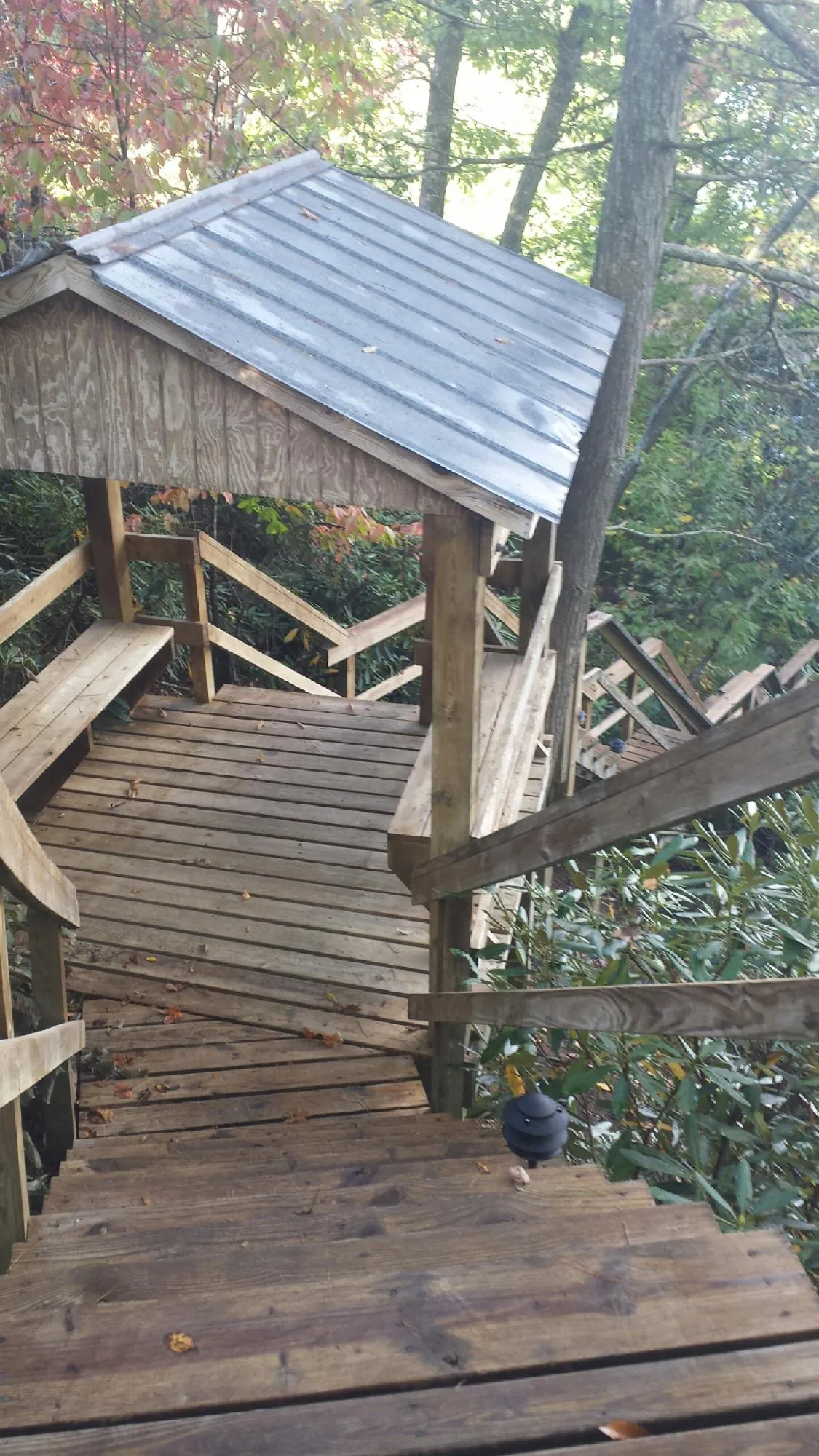 Metal roofed shelter over wooden steps on a wooded walkway — Skylight Repair & Installation work by our crew in Lacygne
